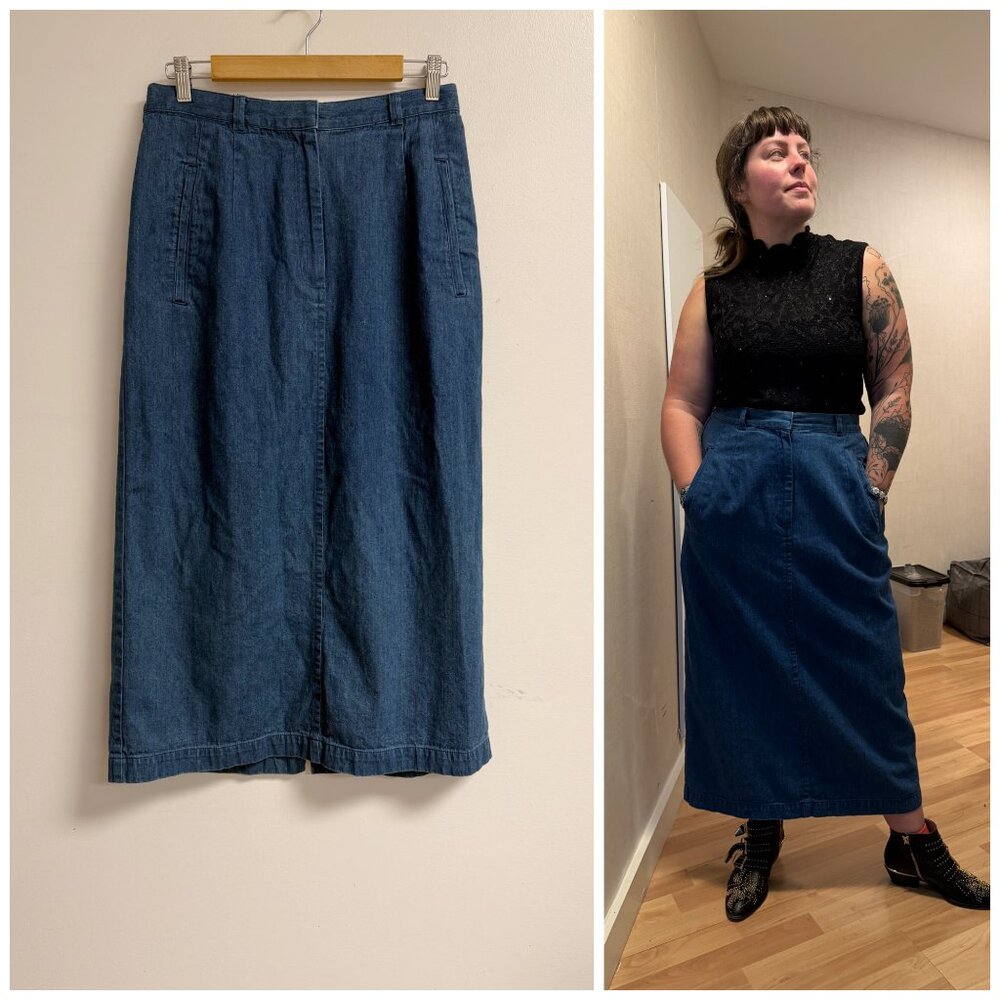 Vintage 90s Blue Jean Denim Midi Skirt Talbots LP Large Petite